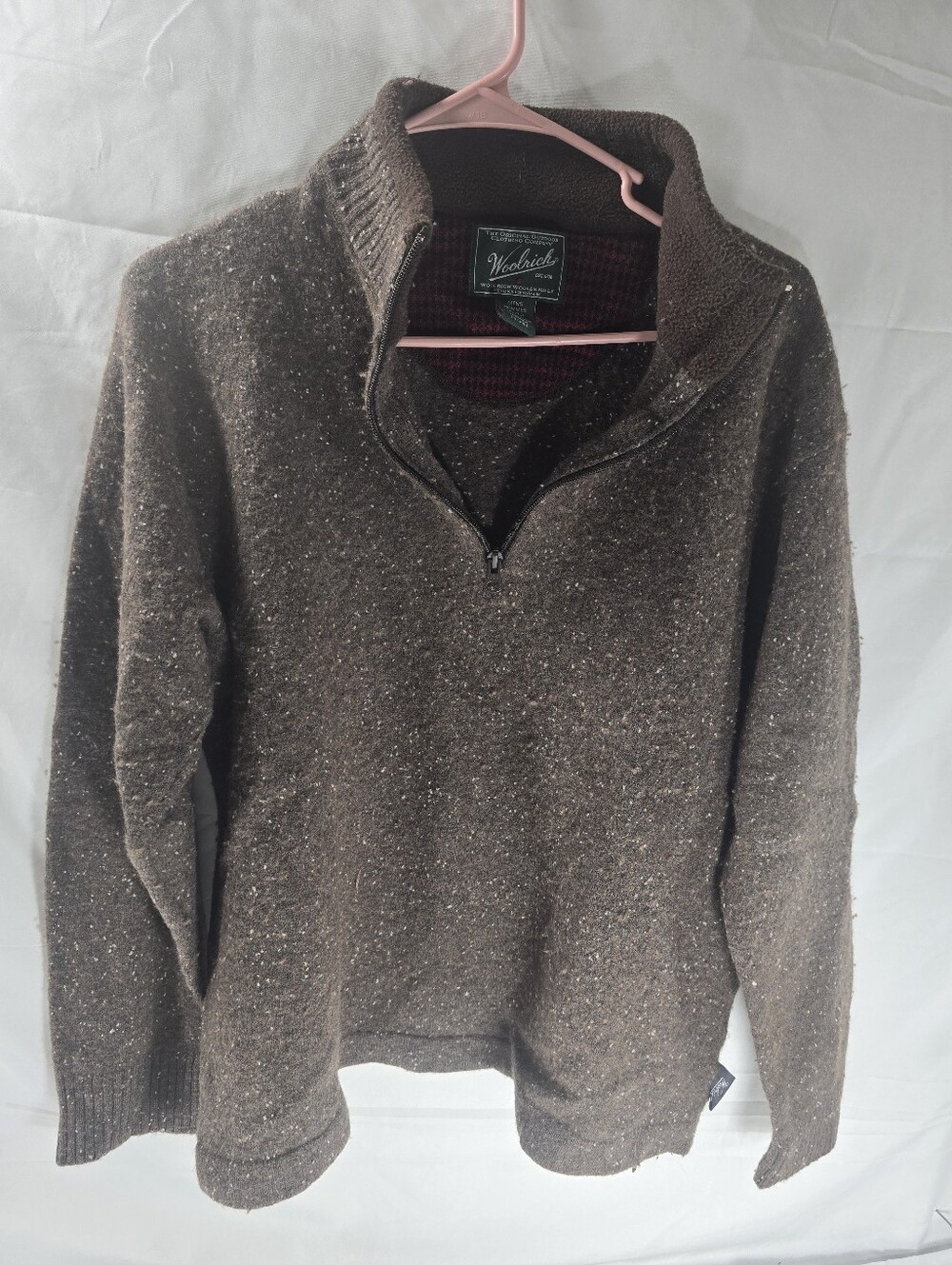 Woolrich Mens XL Brown Nep Wool Blend Quarter Zip Sweater Pullover Outdoor